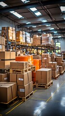 a vacant storage area with goods arranged on depot racks, carton boxes, and containers ready for stock distribution and order delivery..
