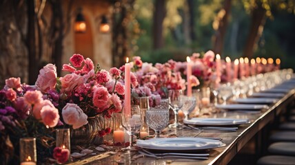 On the table for the wedding celebration is a floral garland made of pink and eucalyptus flowers. Italian meal. - obrazy, fototapety, plakaty