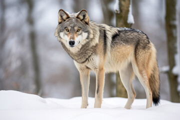 Gray wolf or grey wolf canis lupus close up in snow.