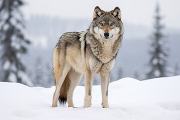 Gray wolf or grey wolf canis lupus close up in snow.