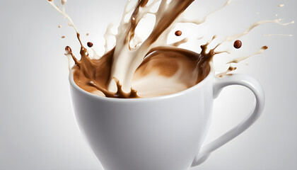 Splash of coffee and milk in white cup - obrazy, fototapety, plakaty