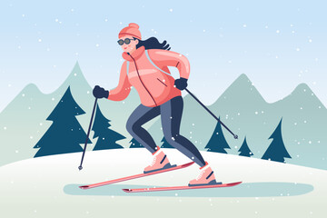 Woman skier in sportswear, pink jacket, black pants and goggles. An athlete skis down the mountain. Winter sport and active recreation concept. - obrazy, fototapety, plakaty