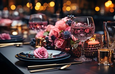 Fototapeta na wymiar Elegant, dark-themed holiday feast in a restaurant with crystal and black dishes surrounded by beautiful flowers .