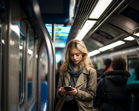 Young blonde caucasian woman with a smartphone chatting in the subway