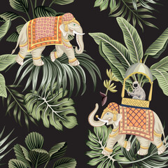 Indian elephant, palm tree, tropical leaf seamless pattern. Jungle night wallpaper.	