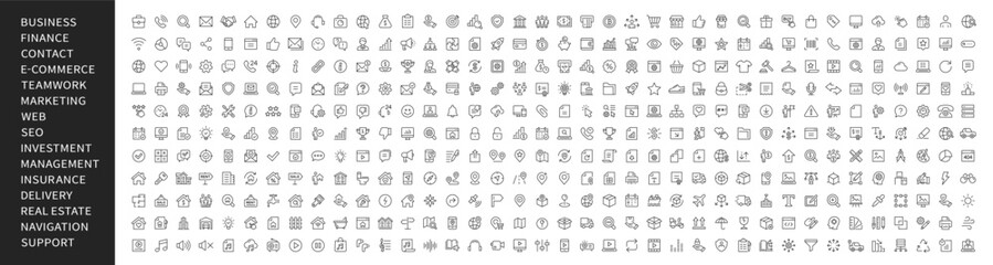 Line icons big set. business, finance, information, contact, ecommerce, teamwork, banking, marketing, seo icon. Popular icons collection. Vector - obrazy, fototapety, plakaty