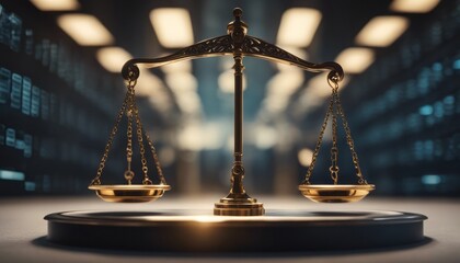 Law scales on background of data center. Digital law concept of duality of Judiciary