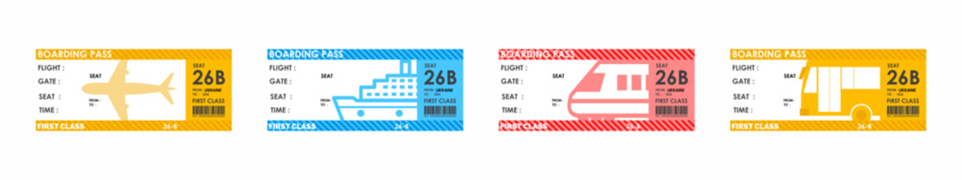 set of travel ticket icons for different types of transport such as airplane, cruise liner or ship, train and bus, multi-colored travel tickets on a white isolated background eps10