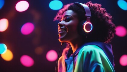 Laughting, close up.  isolated on dark background in multicolored neon, listening to music with headphones