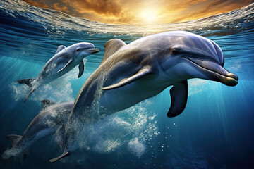 Group of dolphins under the sea., Undersea animals.