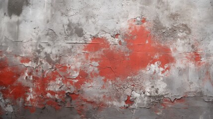 Abstract background of shabby concrete wall texture with bright red paint and weathered pieces.