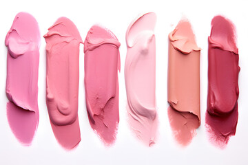 Swatches of different colors of lipsticks on white background - obrazy, fototapety, plakaty