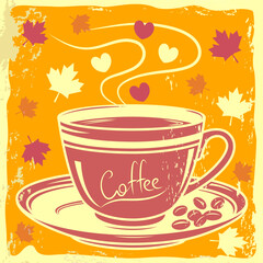 Autumn coffee time romantic poster with aroma coffee cup vector illustration