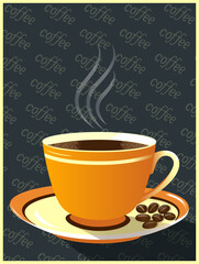 Orange coffee cup with steam and beans design poster vector image