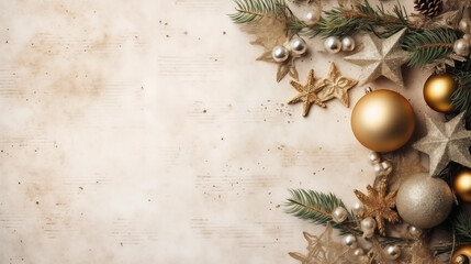 A composition of Christmas carol sheets and vintage ornaments, Merry Christmas background, top view, with copy space