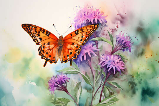 Watercolor red butterfly and purple flowers, closeup