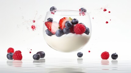 Healthy breakfast concept. Natural organic yogurt with flying levitation fresh berries ingredients. Creative food photography.  