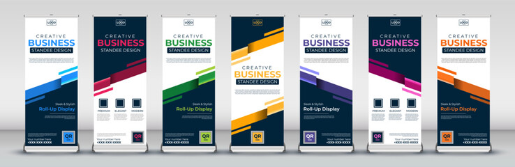 abstract vertical business roll up Banner Design set for signboard Advertising Template standee X banner for Street Business in red, green, blue, yellow, orange, purple, orange for events - obrazy, fototapety, plakaty