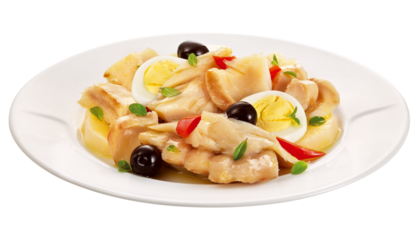 prato com receita de bacalhau com ovo cozido, azeitonas pretas e pimentão isolado em fundo transparente - bacalhoada 