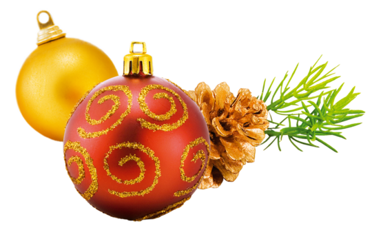 decoração natalina com bolas de natal, pinha e folha de pinheiro isolado em fundo transparente