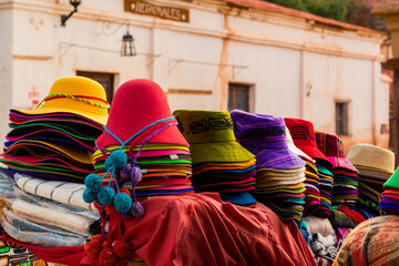 Beautiful and colorful hats for sale in the touristy and old Purmamarca, northern Argentina