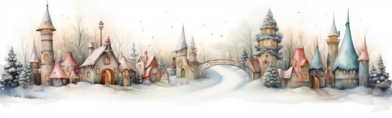 Colorful fairytale village and landscape with snow and bridge, adorable winter scene with trees and houses, december or new year page divider, frame or border, watercolor drawing on white background