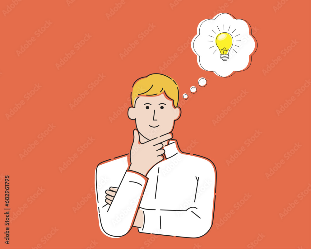 Poster illustration image of a man thinking. flat illustration of a thinking guy who comes up with an idea.