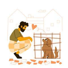 Sympathy of a man with an adorable dog sitting in a cage. Adopting a pet. Animal shelter. Cute vector illustration.