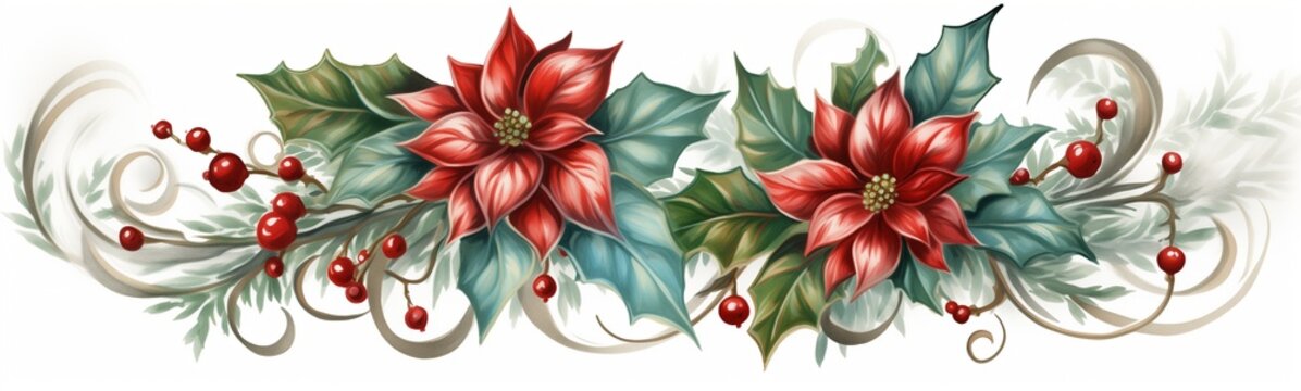 Red and green christmas ornament page divider isolated on white background, decorative festive floral frieze or band with poinsettia flowers, leaves, branches, holly, elegant twirling plant design
