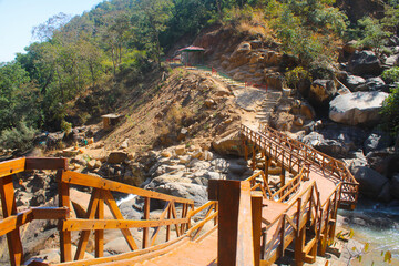 wooden bridge on river in forest