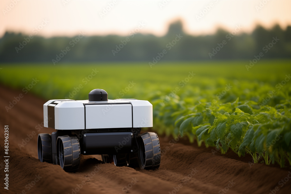 Poster Autonomous wheeled robot is working in an agricultural field. Using artificial intelligence on a smart farm