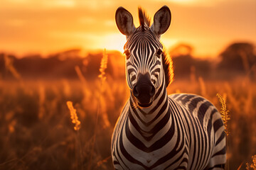 Zebra in the grass with warm light nature at sunset