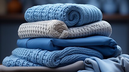 stack of blue and gray wool blankets, winter clothes, warm clothes, winter concept, Winter with a Stack of Blue and Gray Wool Blankets - Powered by Adobe
