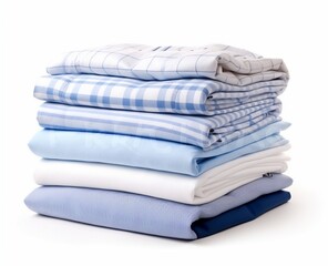 Stack of male shirts on white background, Stack of clean folded shirts on white background. Laundry day, Laundry day concept, clean clothes concept