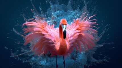 a pink flamingo standing in the water with its wings.Generative AI