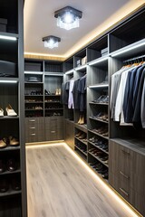 Obraz na płótnie Canvas Elegant minimalist male walk in wardrobe with clothes hanging on rods, shelves and drawers. Dressing room with space for storing and organizing accessories. Vertical photo.