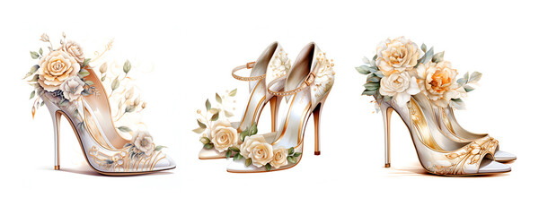 Watercolor illustration wedding bride shoes  in gold color