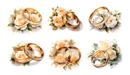 Watercolor illustration wedding rings with flowers  in gold color