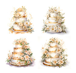 Watercolor illustration wedding cake with flowers in gold color