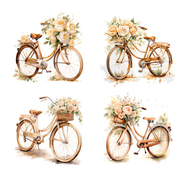 Watercolor illustration wedding floral bicycle in gold color