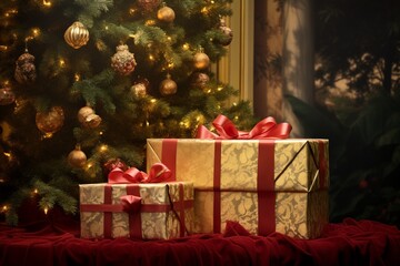 Fototapeta na wymiar Christmas tree and gift boxes near the window, Chrismas gift boxes, Christmas gift boxes, gift boxes in bokeh background