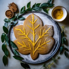 Leaf-shaped gingerbread decorated with Mustard Plant