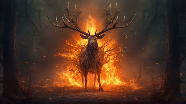 A stag like creature with antlers made of smoldering.Generative AI