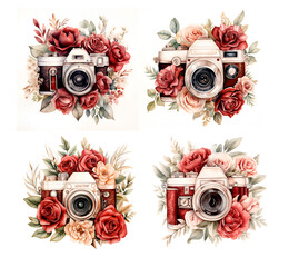 Watercolor illustration wedding photo camera with flowers red marsala