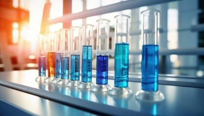 A Spectrum of Blue Liquid in Neatly Aligned Test Tubes
