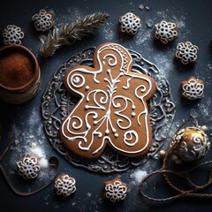 Boot-shaped gingerbread decorated with white icing swirls