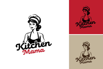 kitchen mama logo design template is a cheerful design suitable for kitchen-related content, cookbooks, family recipes, or culinary blogs.
