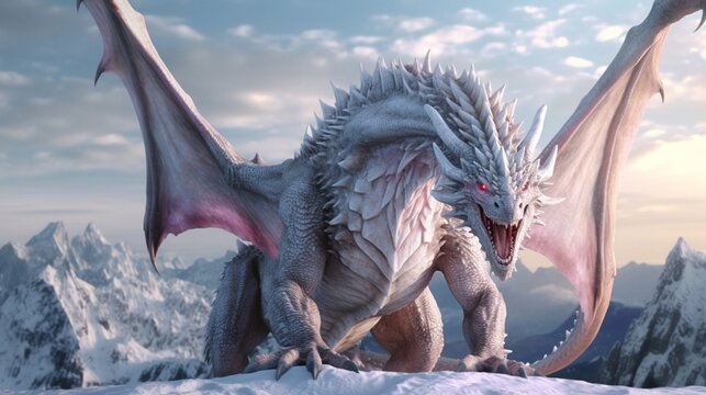 A white dragon lands on snow serious scenic and Weste.Generative AI
