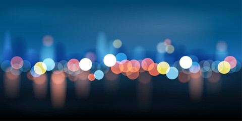 Beautiful horizontal background with a night city in glowing multi-colored lights from lanterns. Vector illustration.