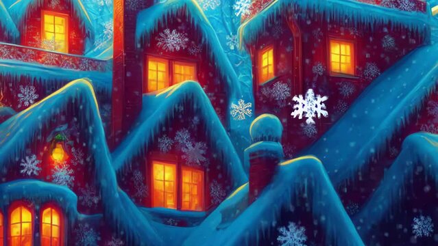 Vibrant snowy Christmas scenery, Christmas village with winter market and big Christmas trees, snow, snowflakes, cozy lights, happy people, digital Christmas Card, xmas, Christmas. Generative AI